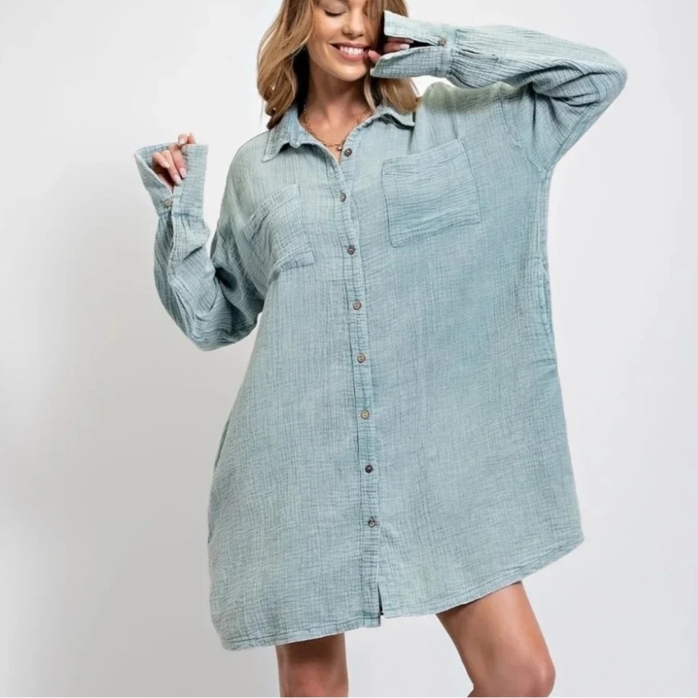 Easel Mineral Washed Relaxed Fit Blue Shirt Dress Oversized Lagenlook Fit Small
